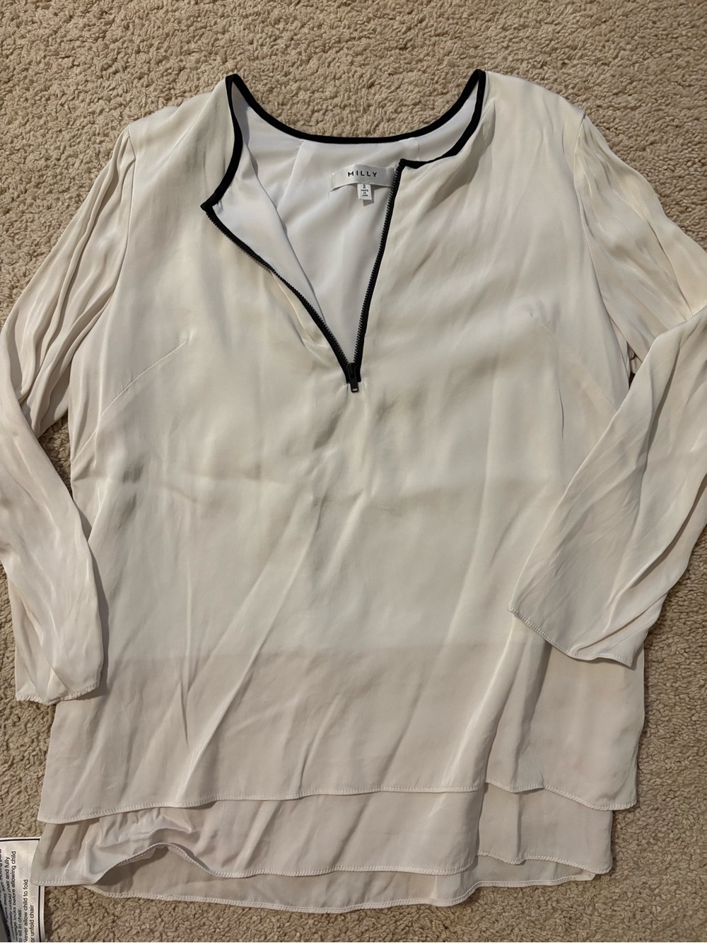 Milly Off White Silk Zipper Blouse with Black Trim